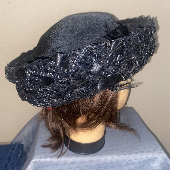 VINTAGE 50s/60s era Ladies HAT Black Mesh Ribbon UNION LABEL - Picture 5 of 10